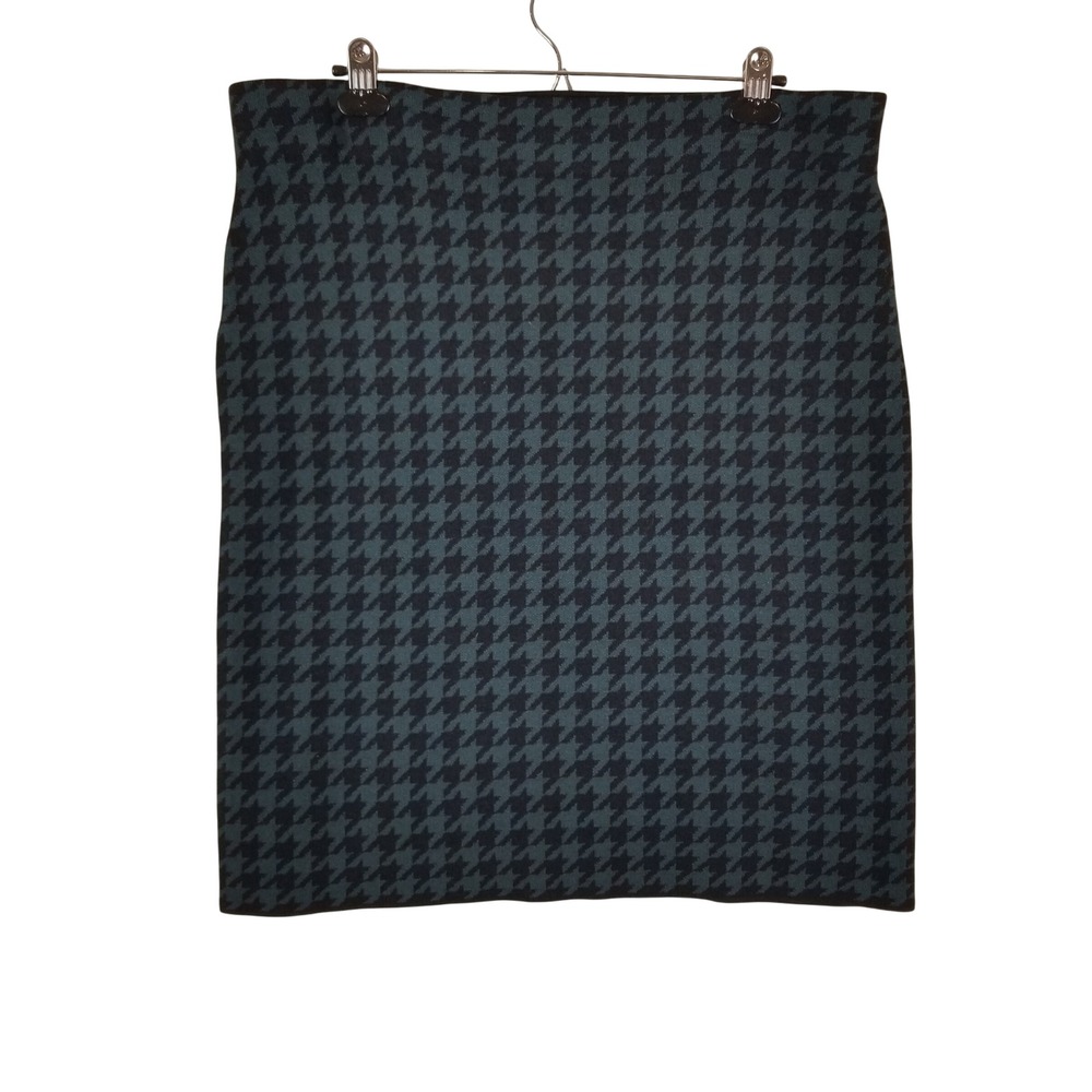 Ann Taylor Factory Knit Skirt Women XL Teal Black Houndstooth Pull‎ On 516071